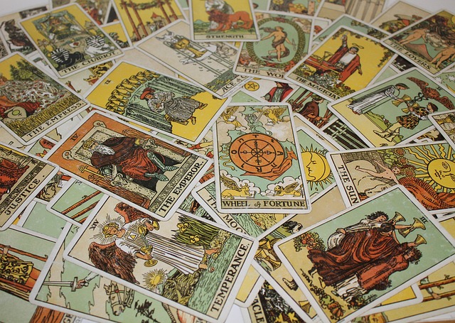 a spread of tarot cards on a table